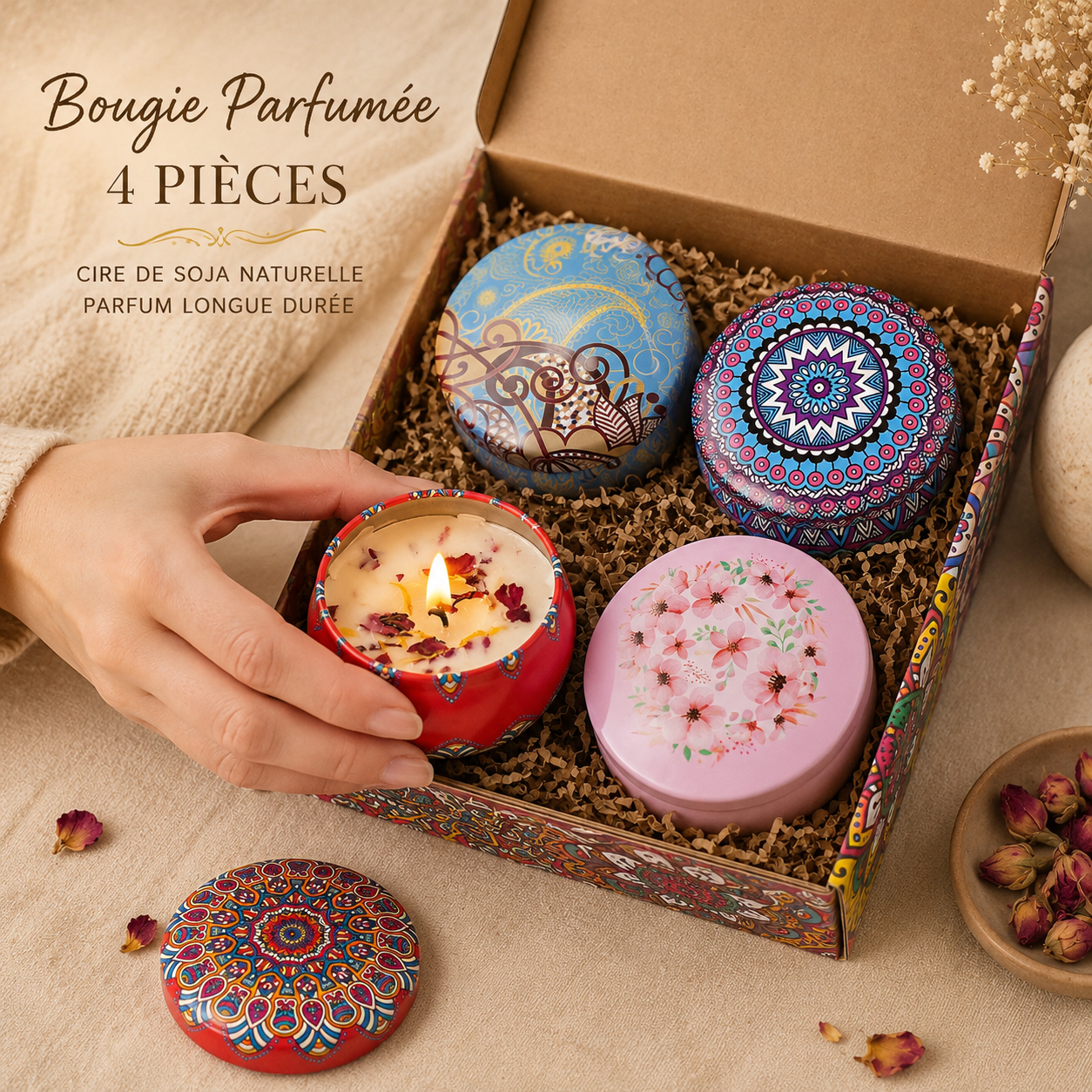 Coffret Bougies Parfumées Mandala – 4 Pièces