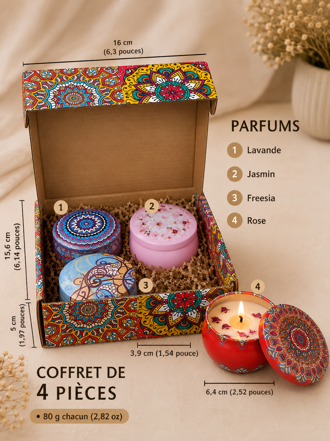Coffret Bougies Parfumées Mandala – 4 Pièces