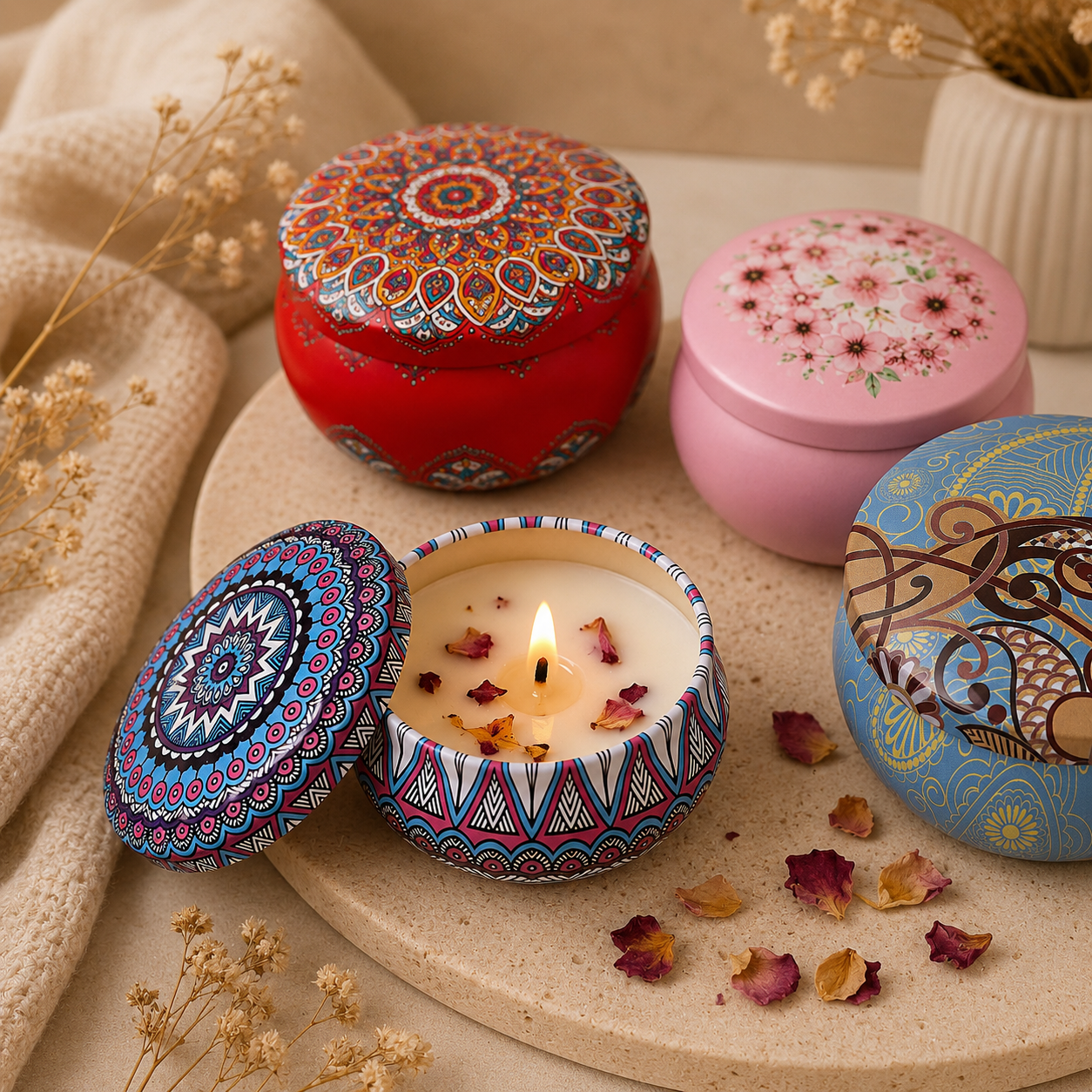 Coffret Bougies Parfumées Mandala – 4 Pièces